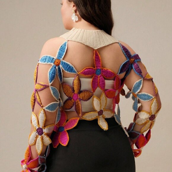 Apricot Casual Women's Plus Size Floral Crochet Hollow Out Sexy Sweater - Picture 2 of 5